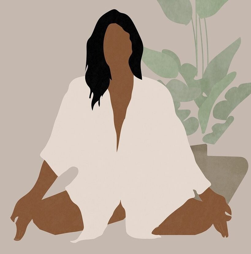 Illustration of a woman sitting in a yoga pose practicing silence as one of the calming manifestation techniques.