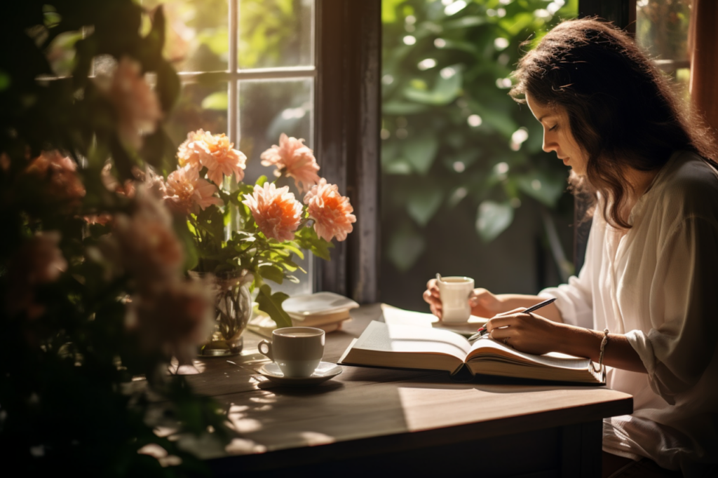 woman using journal prompts for mental health to improve her daily well-being