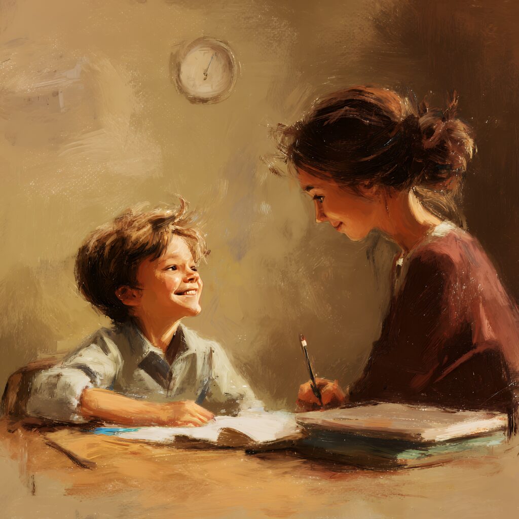 Mother and son sharing a joyful journaling moment together