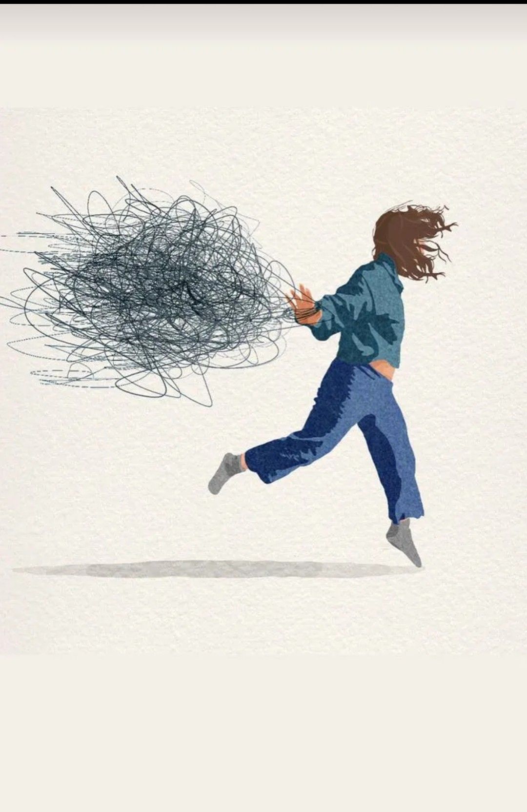 Illustrated woman leaps from a messy, scribbled past into clear, open space.