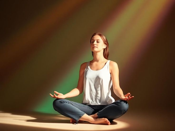 A woman sitting calmly in a relaxed pose, embodying peaceful meditation techniques for beginners.