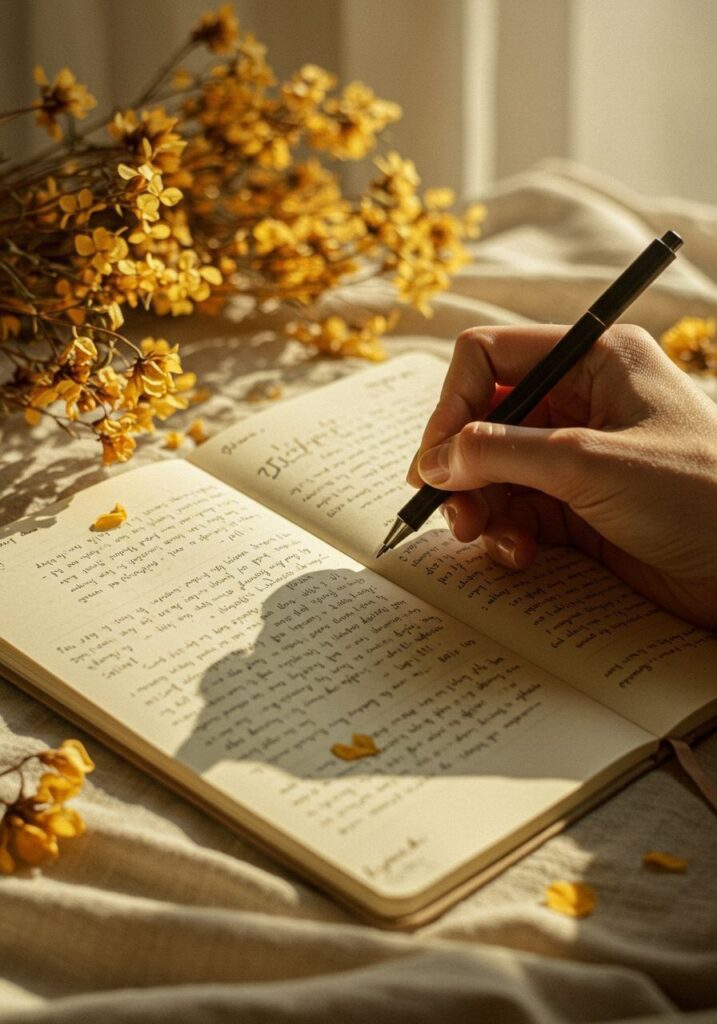 Hand writing 555 affirmations in a diary.