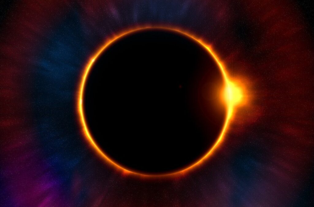 A dark picture of the moon fully covering the sun during a total solar eclipse, a strong symbol for the New Moon Solar Eclipse in Aquarius 2026.