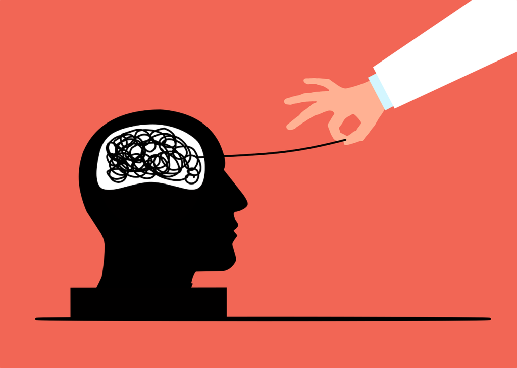 Illustration of a head with tangled strings being gently pulled out, representing untangling the nervous system.