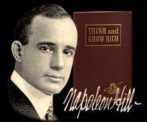 Napoleon Hill with Think and Grow Rich book in the background, symbolizing his manifestation success story