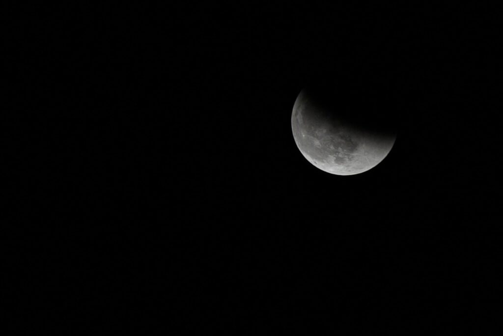 A distant shot of the moon, appearing as a perfect half-circle with one side brightly lit and the other half completely obscured by shadow, during the March lunar eclipse in Virgo.