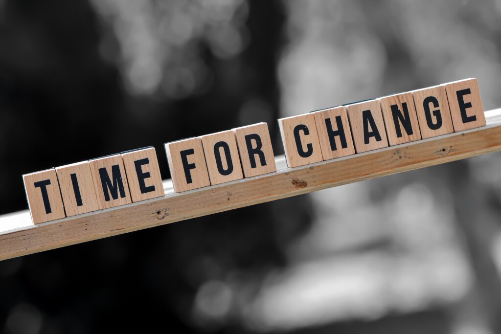 Scrabble letters showing time for change and new story concept